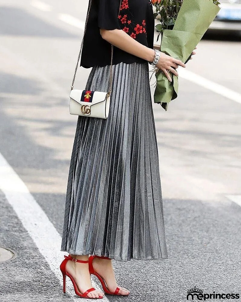 Women's Skirt Maxi Pleated Swing Long Skirt Silver Gold Skirts Shiny Metallic Shimmery Fashion Casual Daily S M L