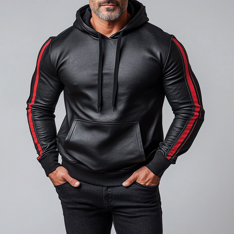 Men's Casual Contrast Striped PU Leather Drawstring Hoodie