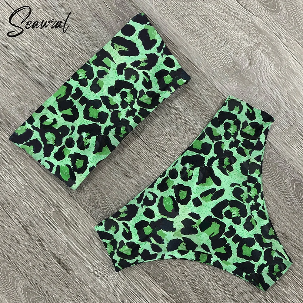 2022 New Sexy Low Hight Bikini Set Swimwear Women Bandeau Female Print Floral Strappy Swimsuit Bathing Suit Beach Wear Biquini