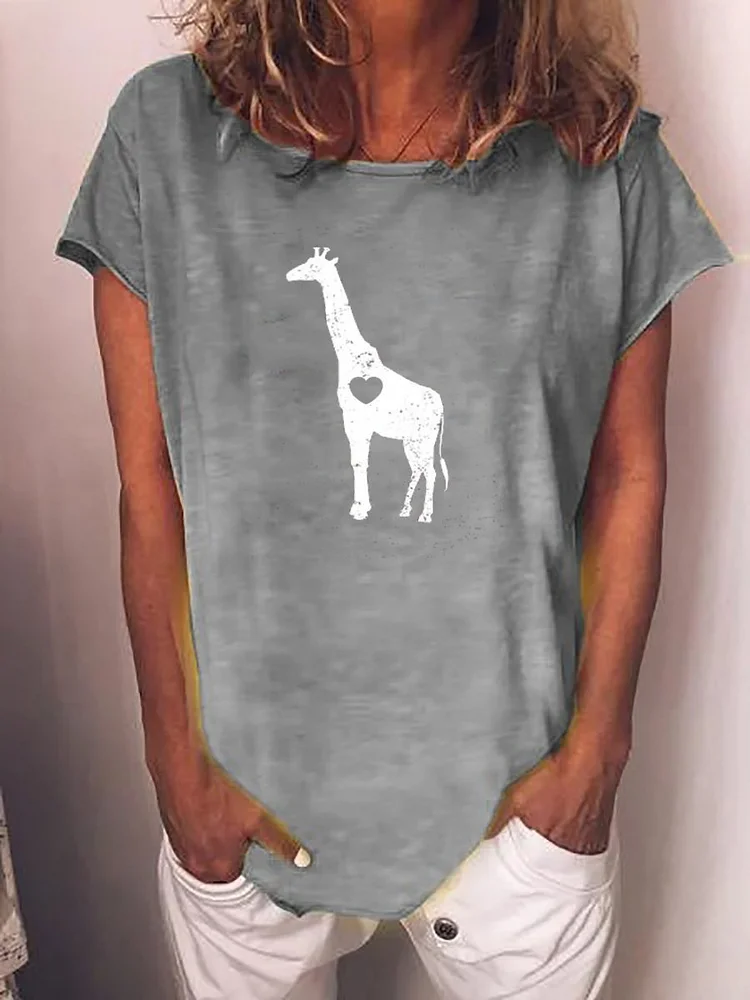 Giraffe Gray Casual Short Sleeve Crew Neck Top
