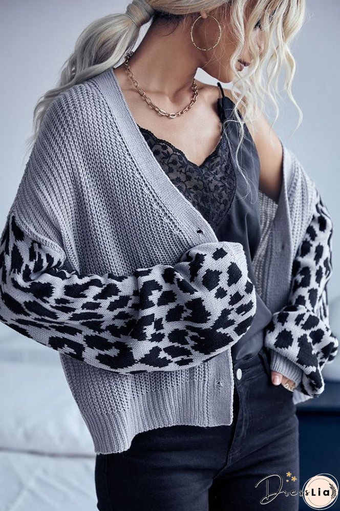 Leopard Sleeve Splicing Open Front V Neck Button Cardigan