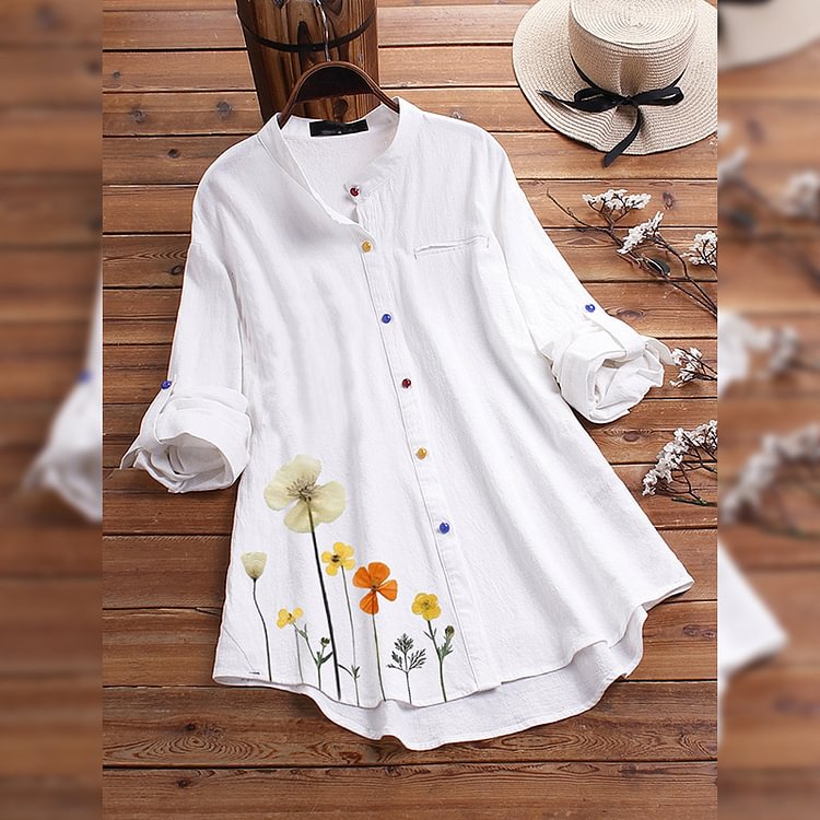 Plus Size Women's Stand Collar Floral Linen Shirt