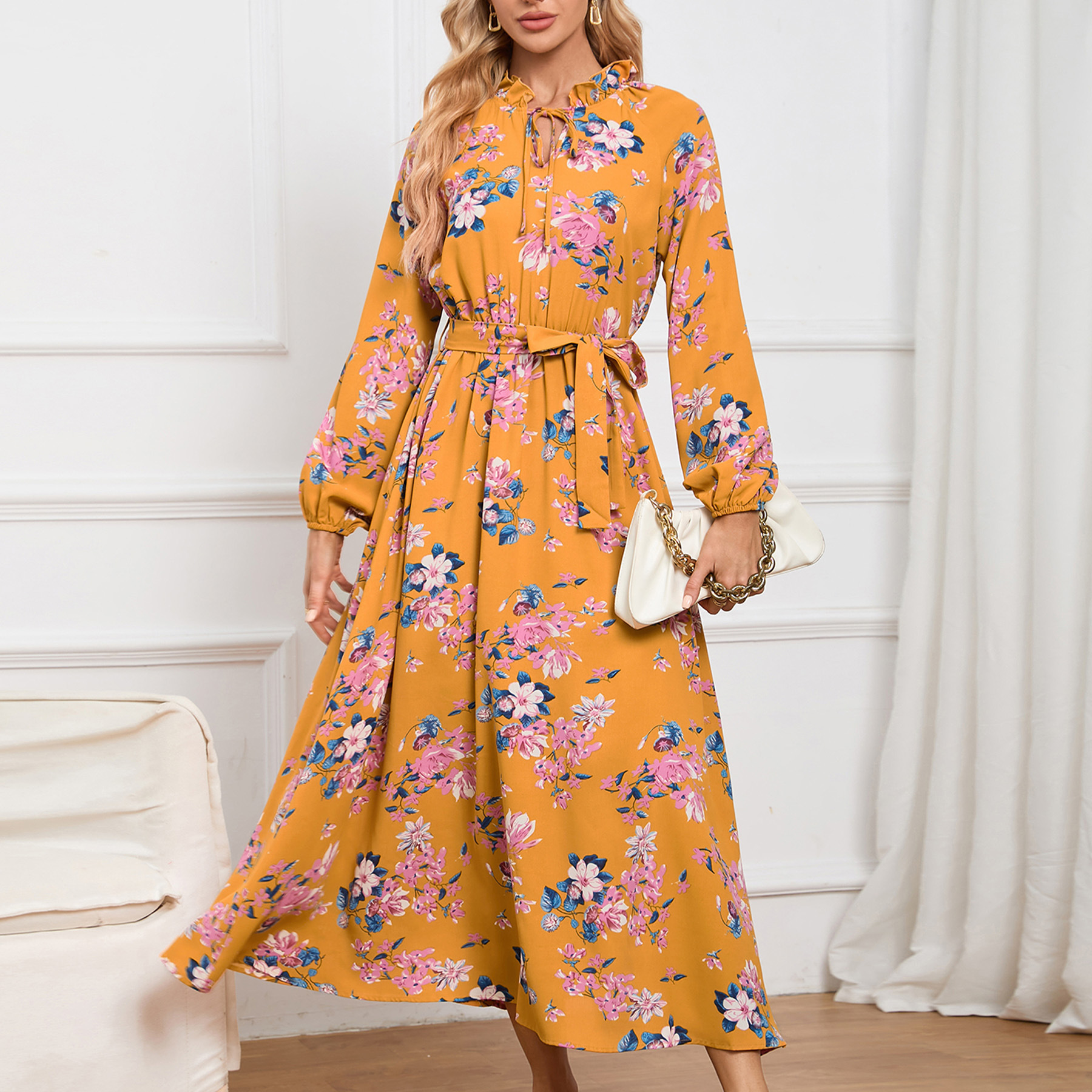 Women's Floral Stand Up Collar Lantern Sleeve Long Dress | ARKGET