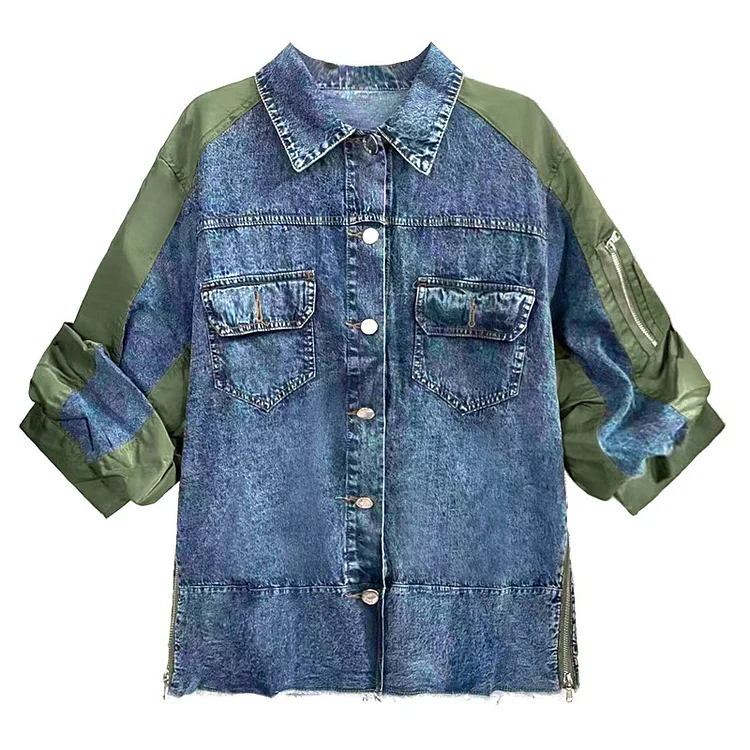 Vintage Denim Splicing Lapel Short Sleeve Shirt