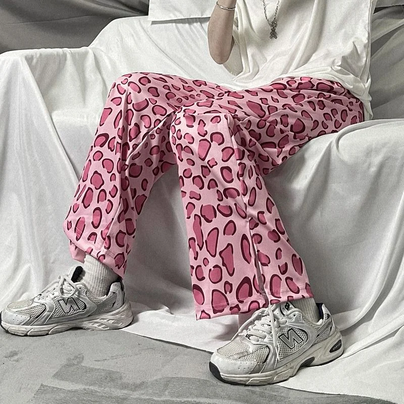 Women&#39;s pants Wide leg trousers summer street pink leopard print straight casual high waist slim tren y2k trouser suits harajuku