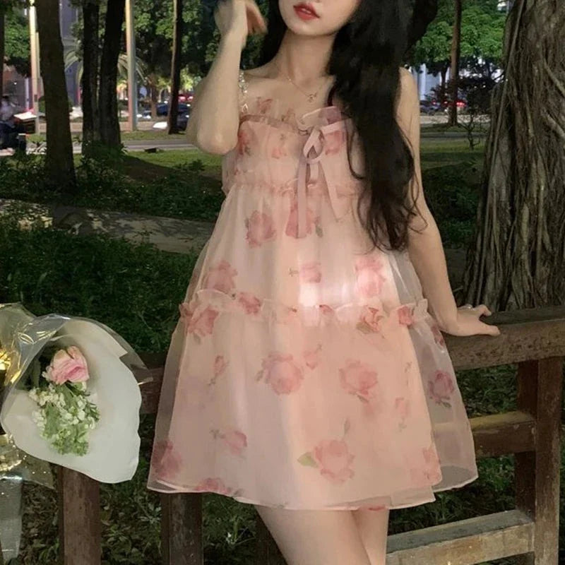 Aiertu - Roses and Petals and Thorns Pink Floral Mini Dress Goth Dress Dark Academia Kawaii Academia Y2K Cottagecore Coquette Fairycore Dollette Princesscore Aiertu