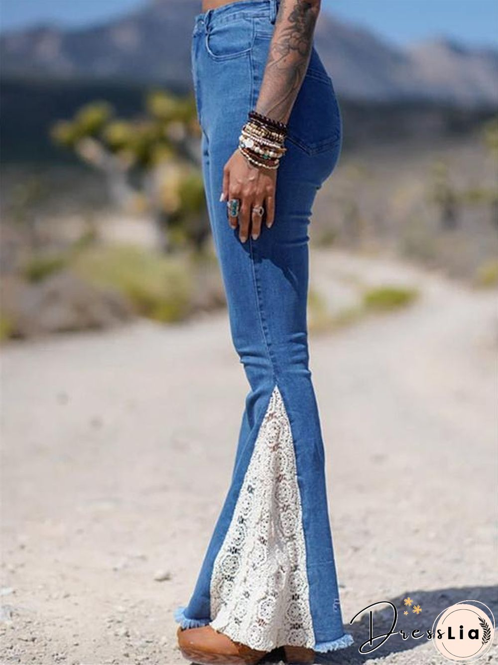 Women Lace Joint Denim Bell-Bottomed Pants