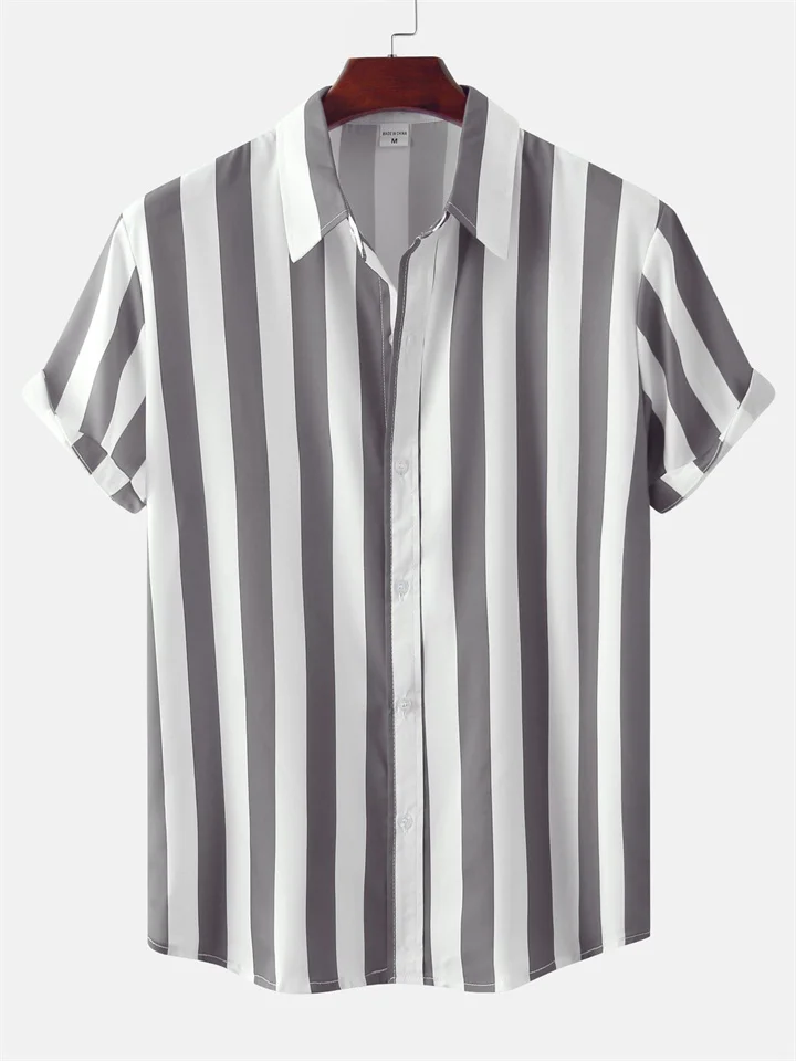 Summer Hot Sale Men's Printed Striped Short-sleeved Lapel Hong Kong Style Personality Loose Casual Shirt