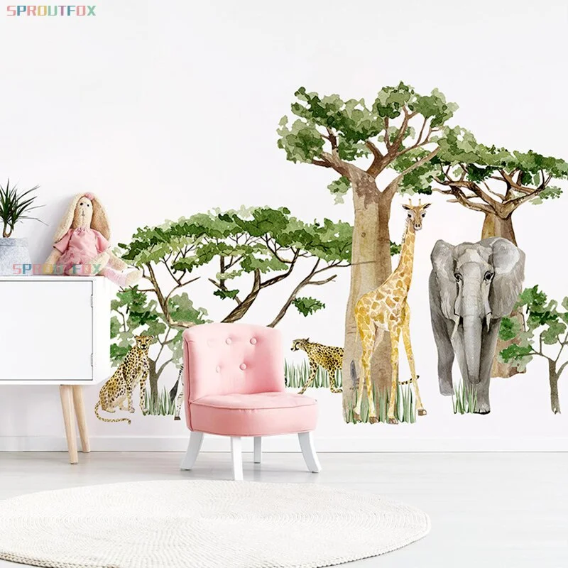 Large Animal Elephant Giraffe Zebra Leopard Wall Stickers for Kid Rooms Baby Boys Bedroom Big Tree Green Forest Animals Decal