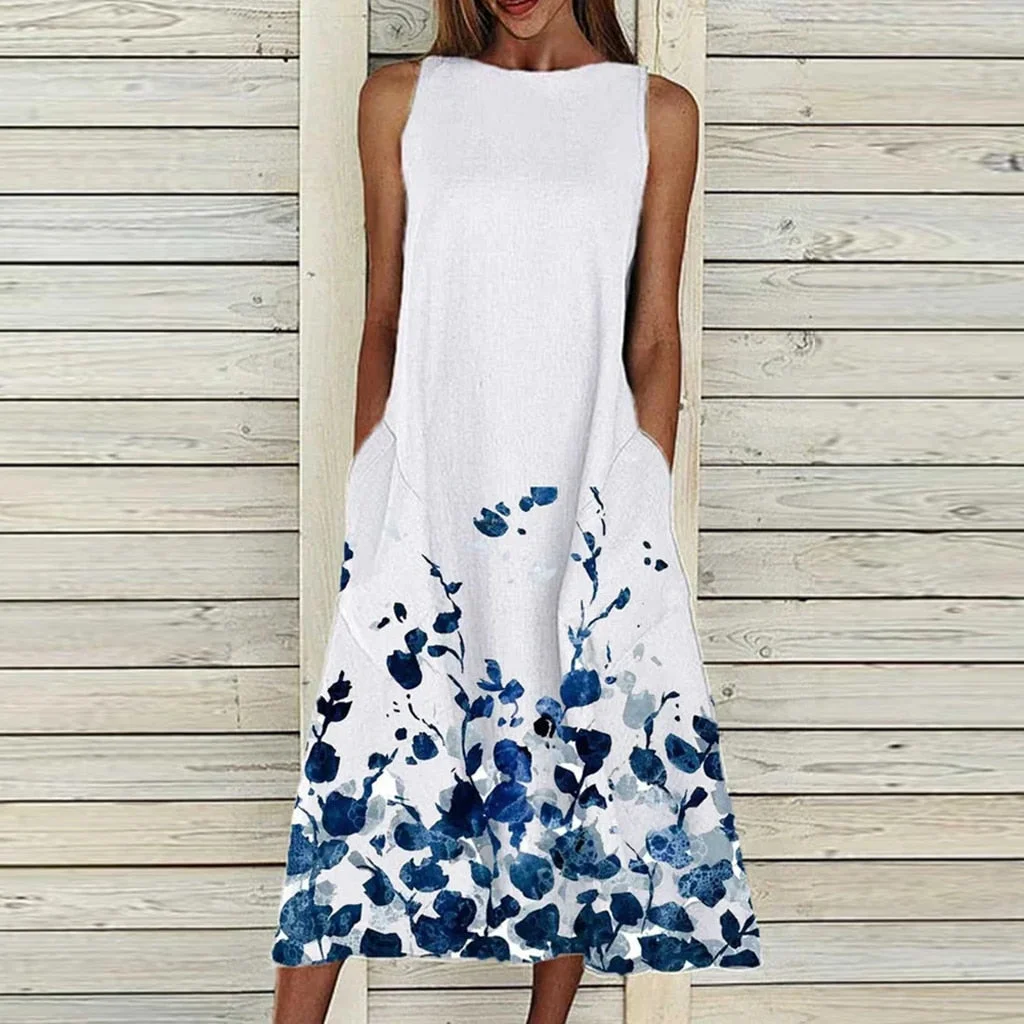 Dress 2022 O Neck Flower Print Summer Dresses For Women Fashion Pocket Sleeveless Dress Female Casual Loose Party Dress