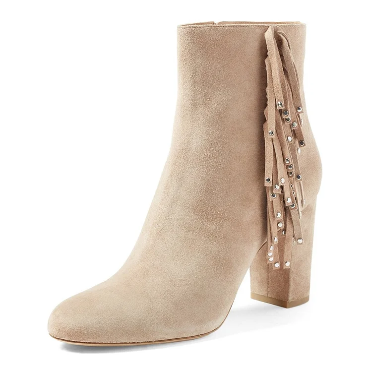 Beige Fringe Boots Chunky Heel Suede Shoes with Silver Studs |FSJ Shoes