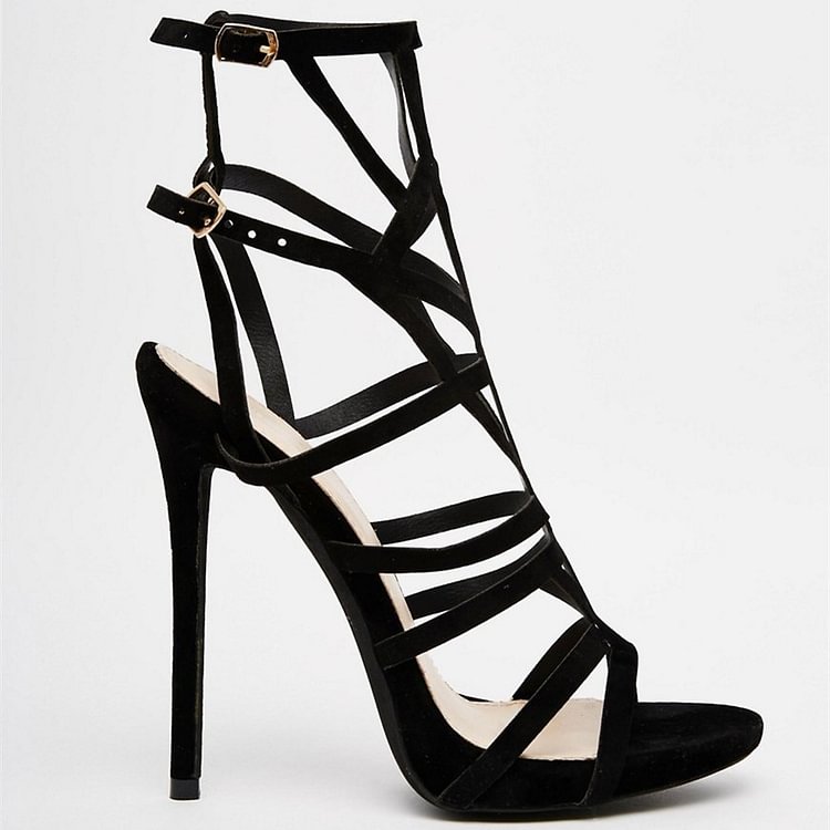 Women's Black Stiletto Heels Caged Sandals |FSJ Shoes
