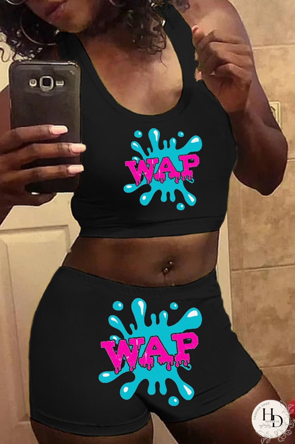 Black Casual Sportswear Sleeveless U Neck Tank Short Print Two Pieces