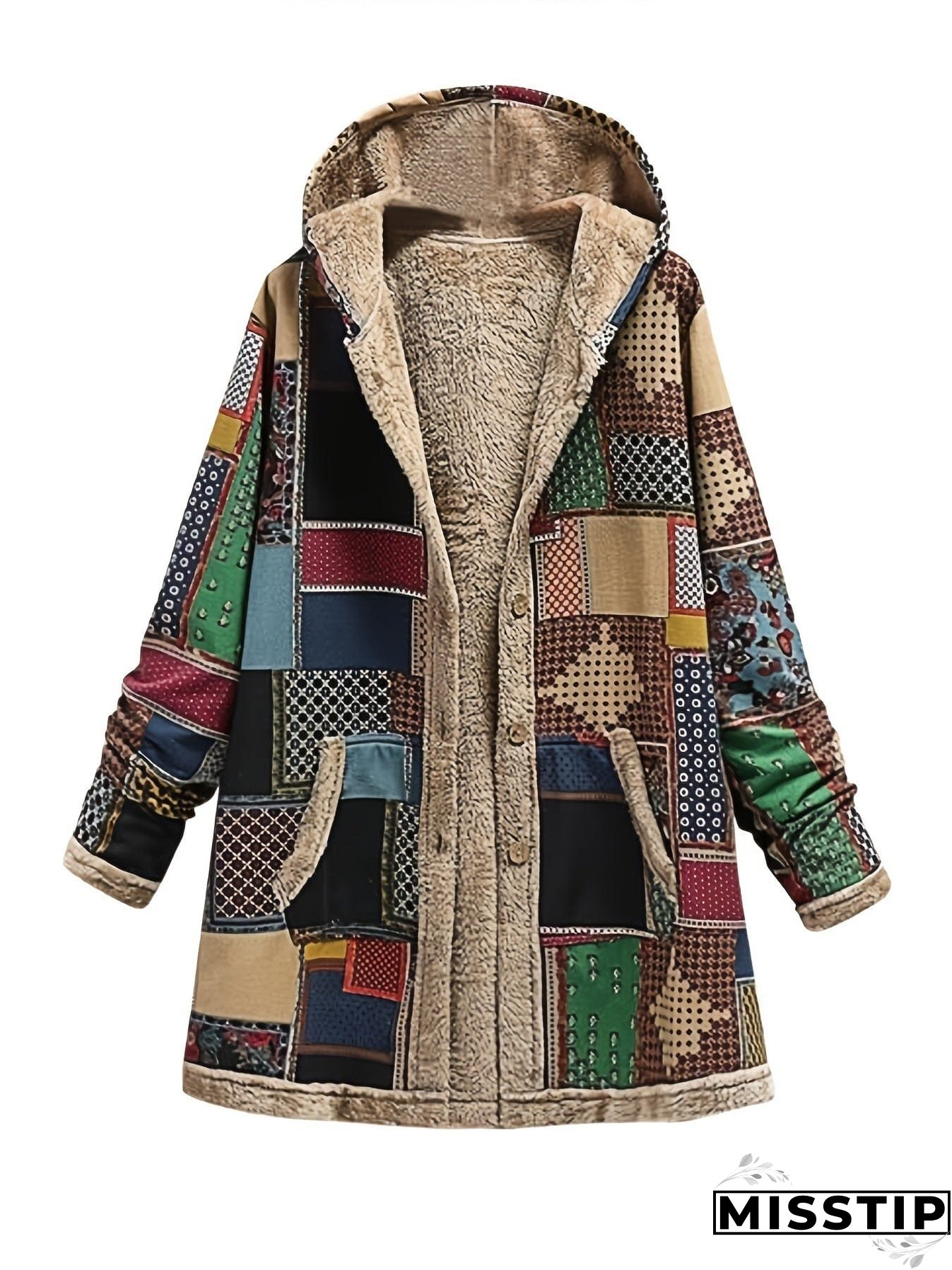 Vintage Patchwork Printed Long Sleeve Button-Up Hooded Coat