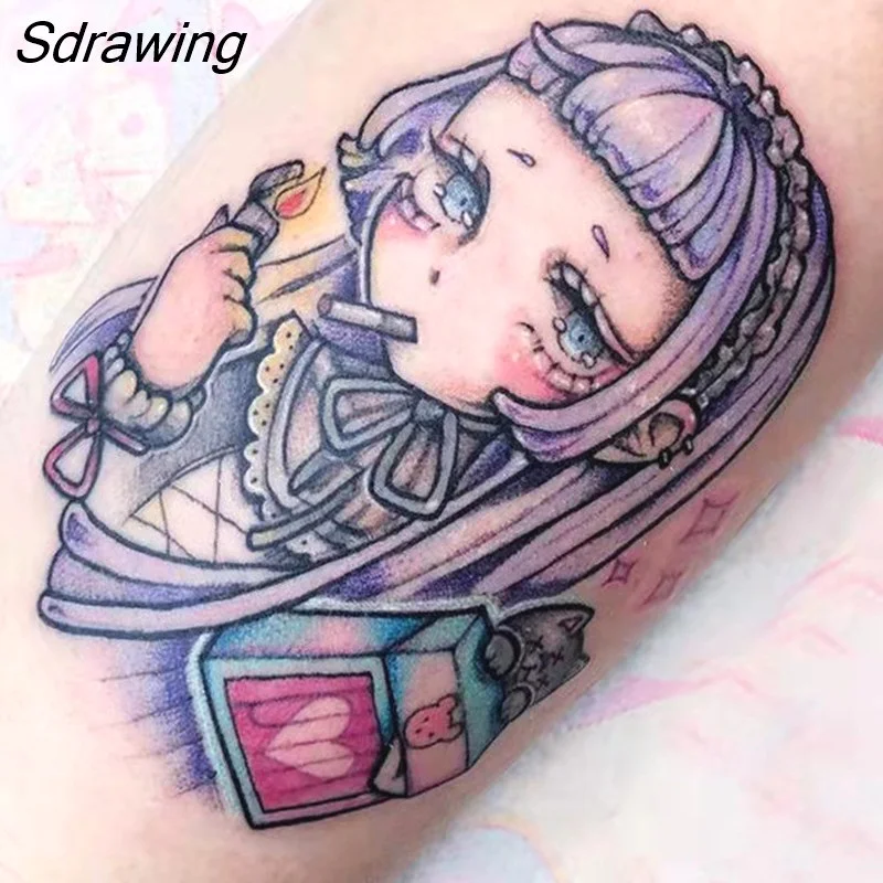 Sdrawing Temporary Tattoo Sticker Anime Cartoon Cute Pink Hair Girl Flower Necklace Fake Tatto Flash Tatoo Art for Women Men