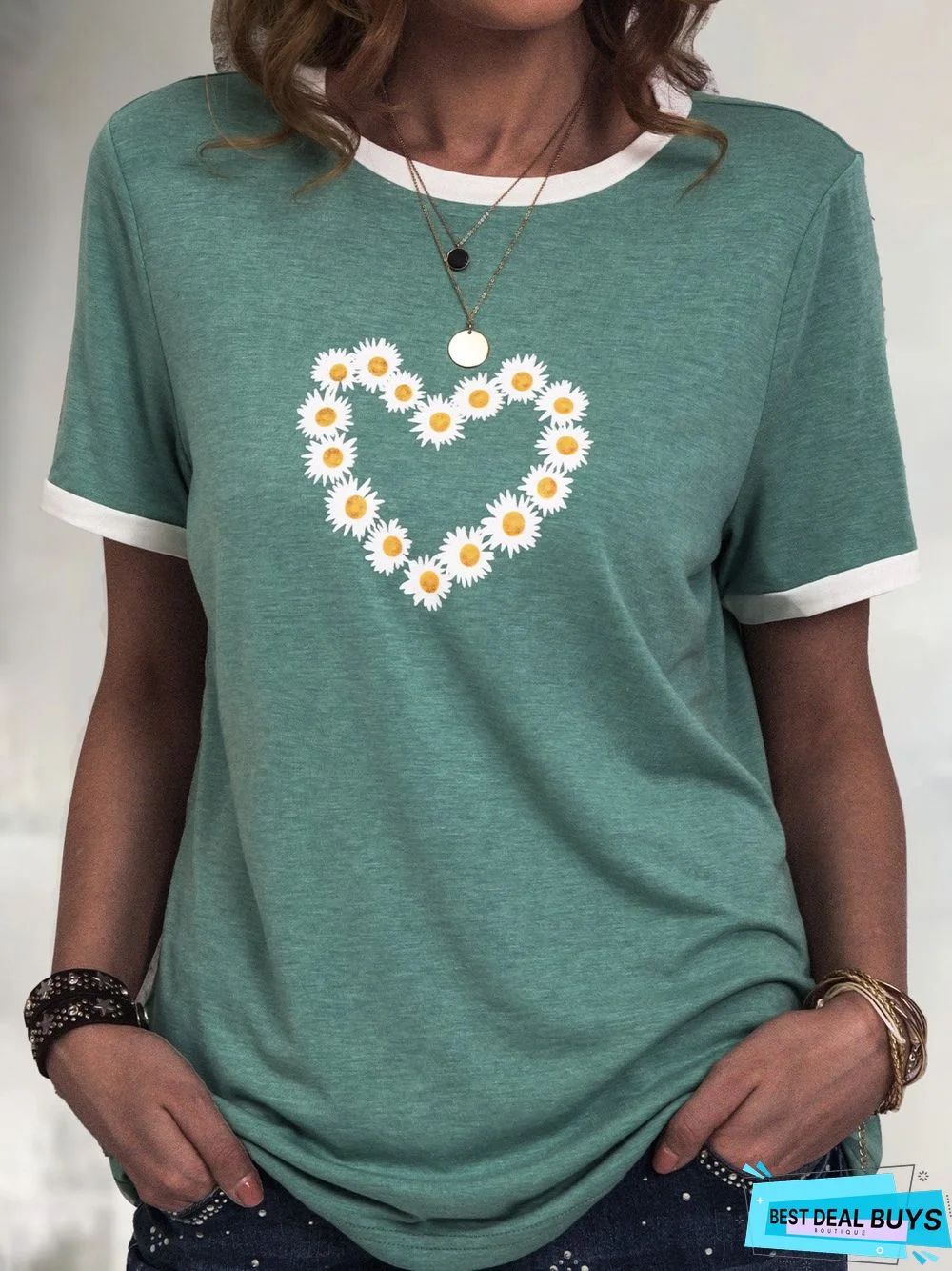 Green Crew Neck Short Sleeve Floral-Print T-shirt