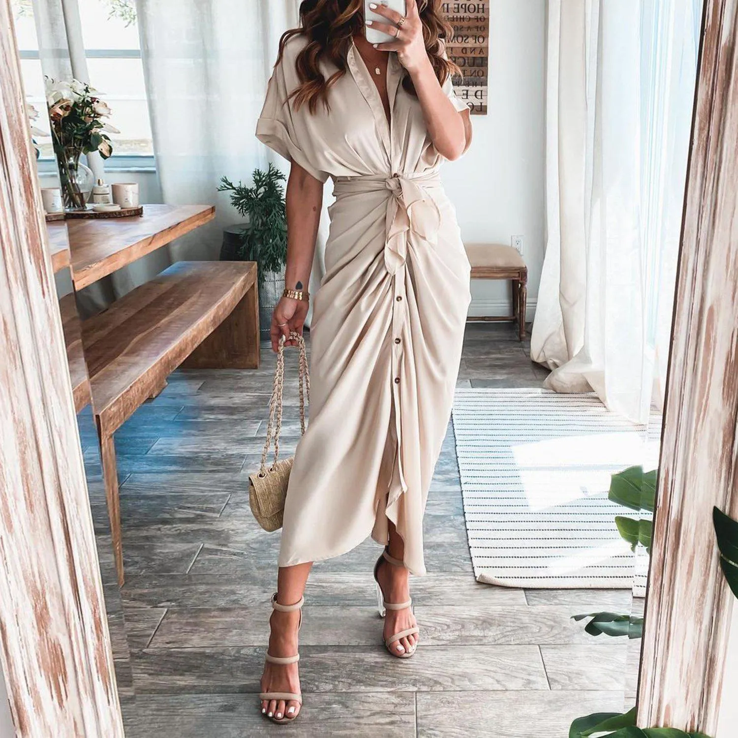 Vintage Plain Short Sleeve Midi Dress With Belt-vocosishoes