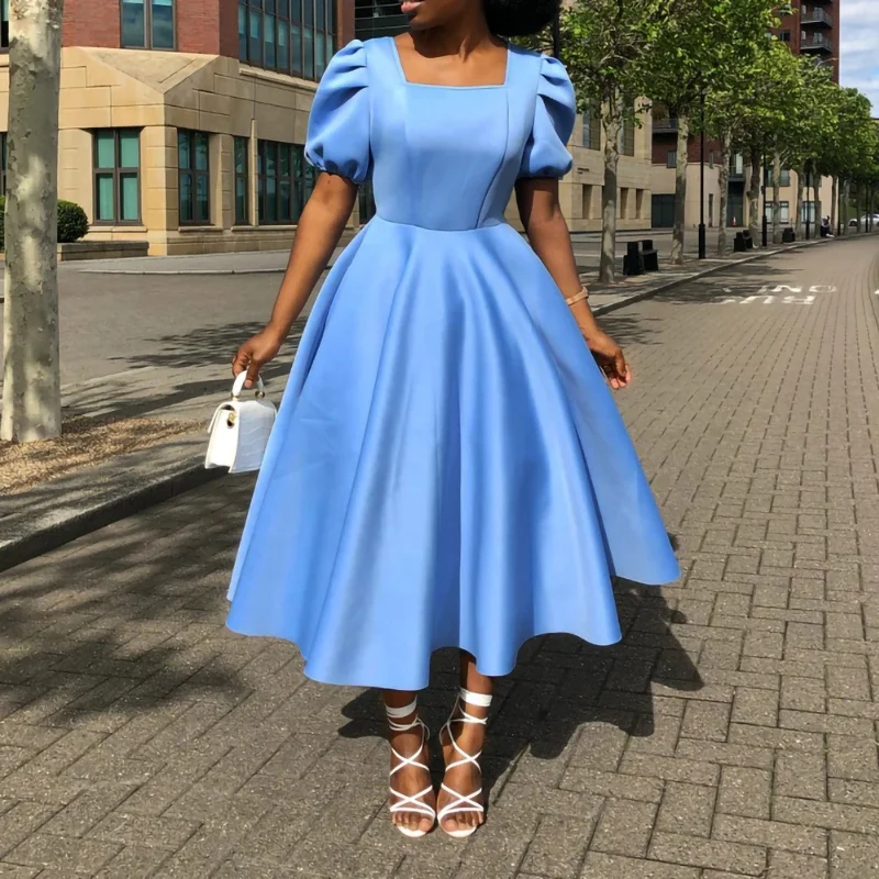 Square Neck Puff Sleeve Big Swing Party Dress - Blue