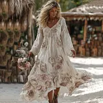 Women's Vintage Romantic White Rose Embroidery Art Comfy Linen Vacation Dress Maxi Dress - Image 2