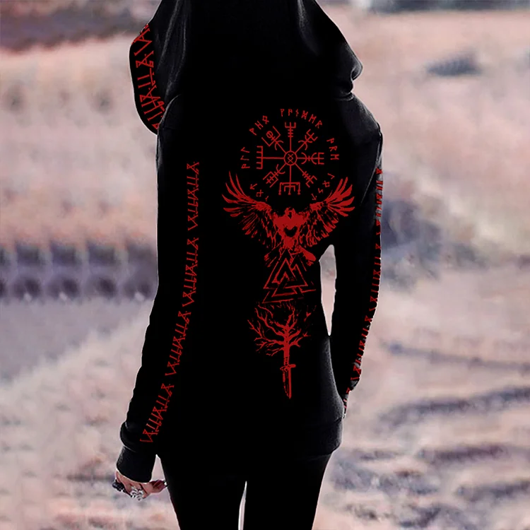 Retro Viking Valhalla Hawk Totem Print Zip Hoodie