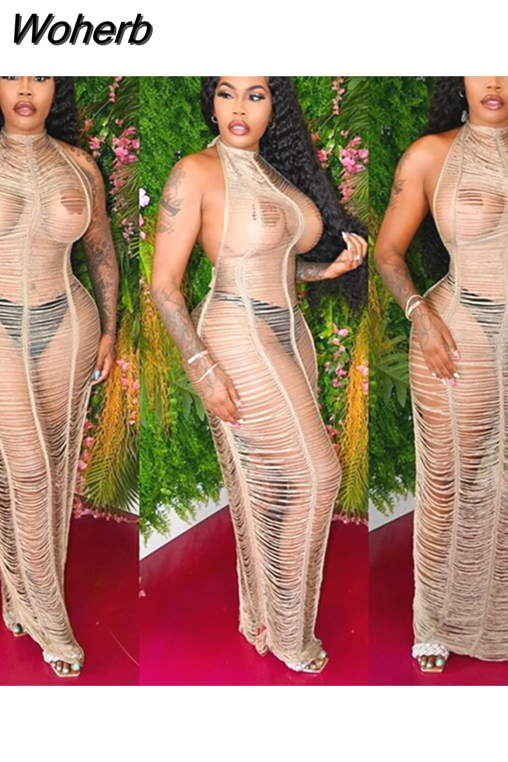 Woherb Kliou Mesh Stacked Maxi Dress See Through Sexy Women New Fashion Sleeveless Backless Spaghetti Strap Female Clubwear Skirts 1028-1-Outfit Ideas