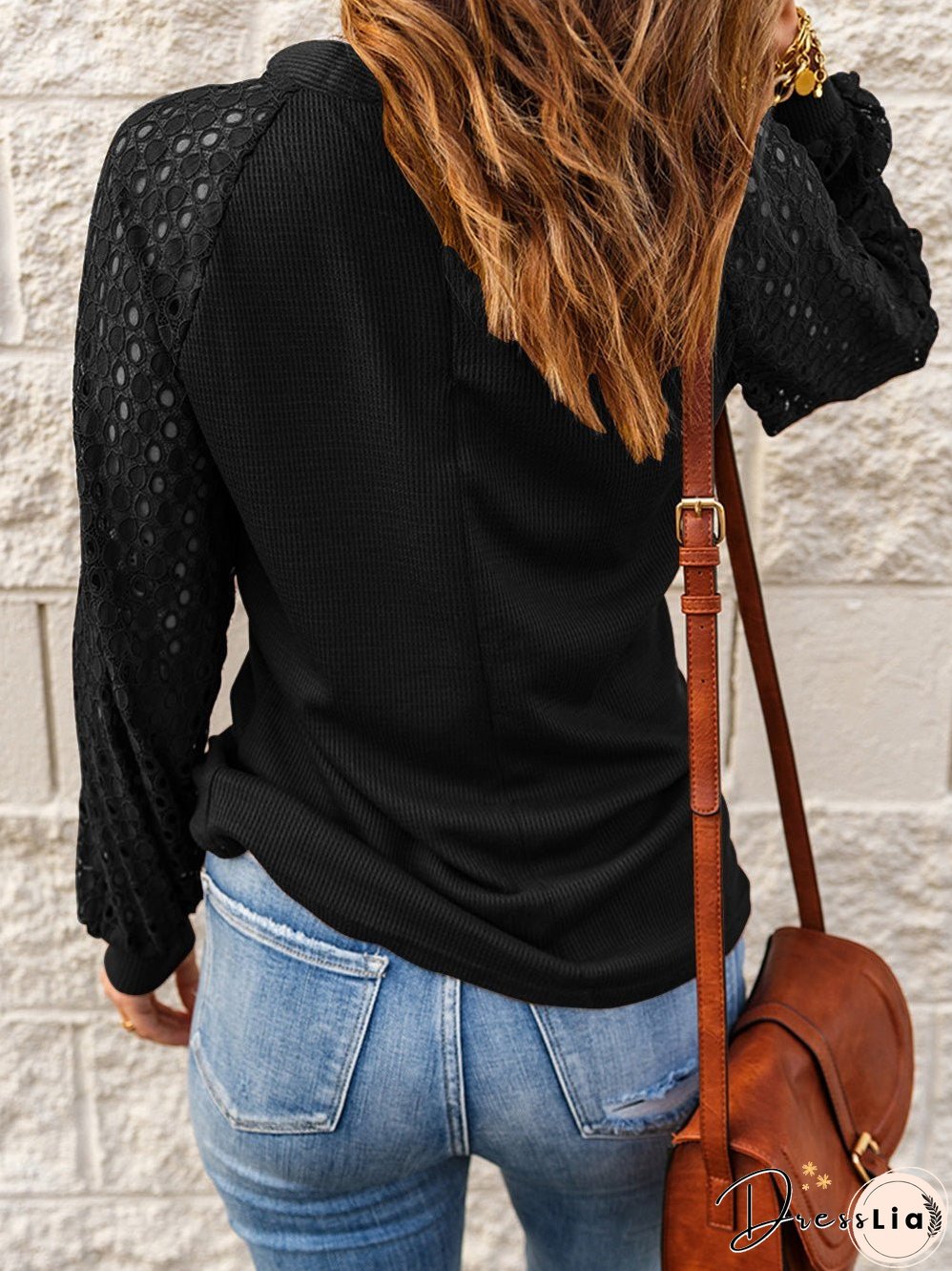 T-Shirts Crew Neck Lace Panel Hollow Long Sleeve T-Shirt for Women