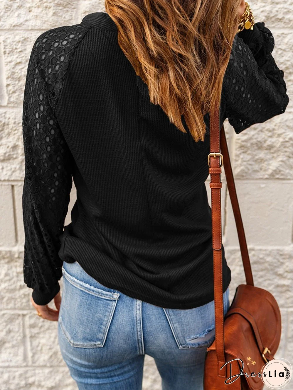 T-Shirts Crew Neck Lace Panel Hollow Long Sleeve T-Shirt for Women