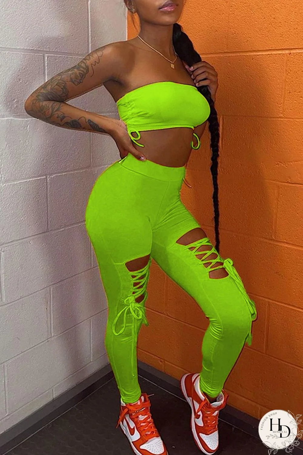 Fluorescent Green Sexy Casual Solid Bandage Hollowed Out Strapless Sleeveless Two Pieces