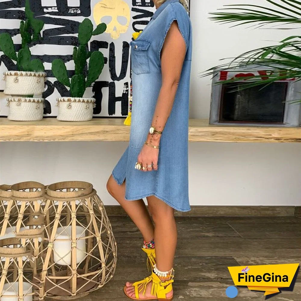 Back To School Outfit  Gothic Women Pocket Denim Dress Sleeveless Turn Down Collar Button Down Denim Casual Dress Vestido Mujer