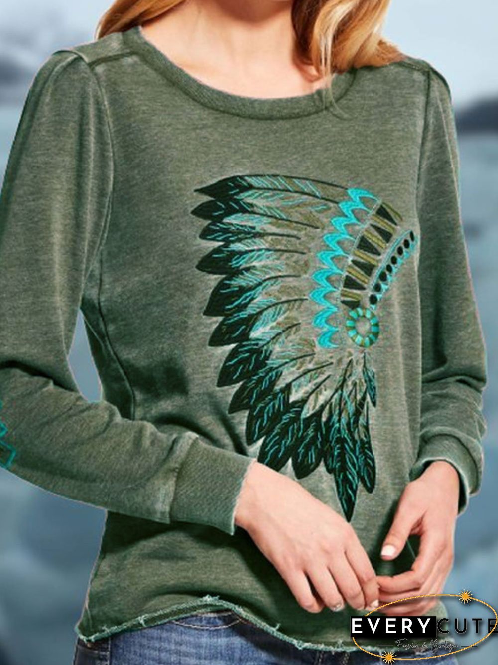 Round Neck Cotton-Blend Long Sleeve Color-Block Shirts & Tops