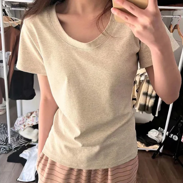 Brownm Brownm U Collar Short T-Shirt Female 2024 Summer New Slim Hot Girl With Waist Half Sleeve Shirt Bottom Small Top