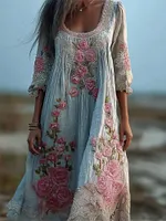 Vintage Boho Pink Roses Embroidered Lace Flowy Linen Maxi Dress