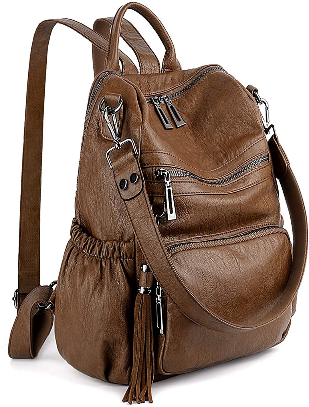 Women Backpack Purse PU Washed Leather Convertible Ladies Rucksack Tassel Zipper Pocket Shoulder Bag