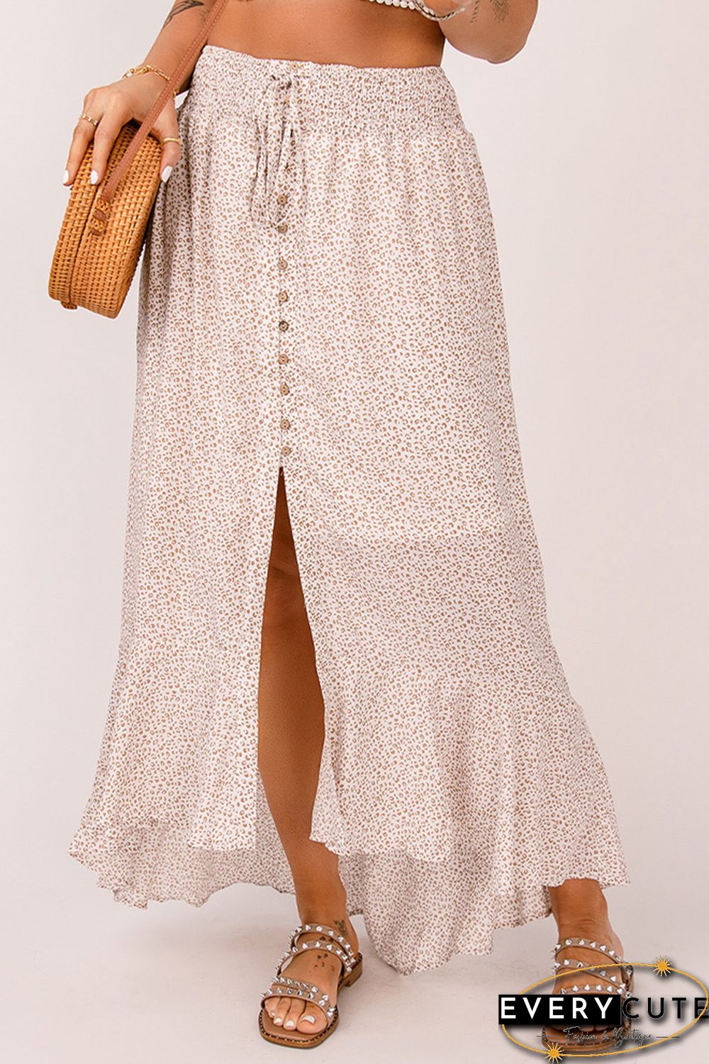 Leopard Floral Print Buttons Flounce Side Slit High Waist Maxi Skirts