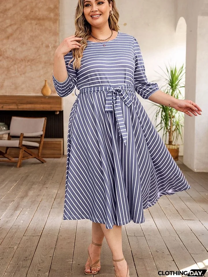 Plus Size Round Neck Striped Tie Waist Dress