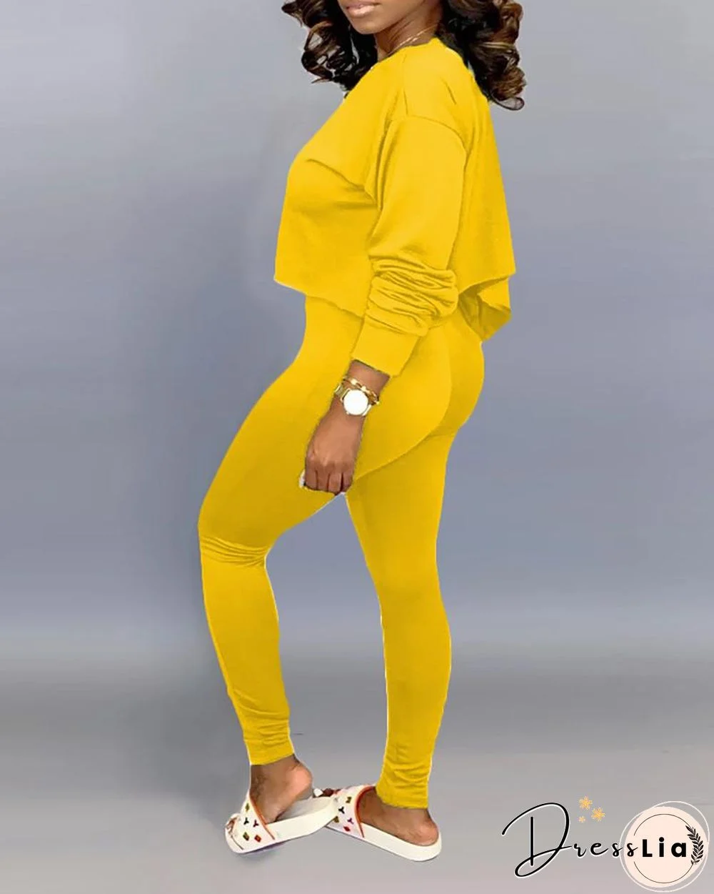 Solid Long Sleeve Top & High Waist Pants Set