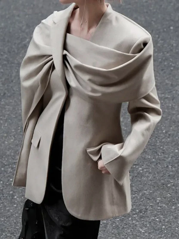 Design Khaki Notched Collar Patchwork Asymmetical Cloak Pockets Long Sleeves Blazer