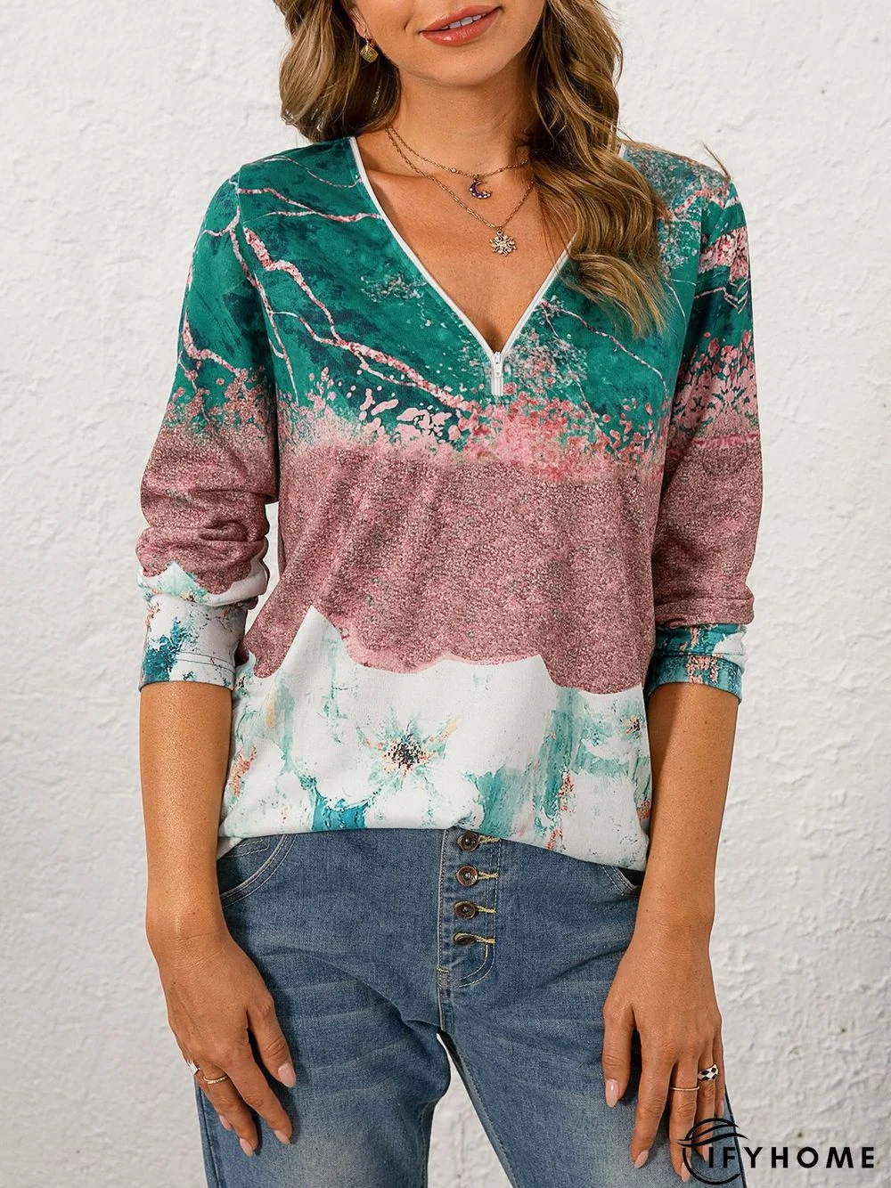Cotton-Blend Abstract Fit V Neck Top | IFYHOME