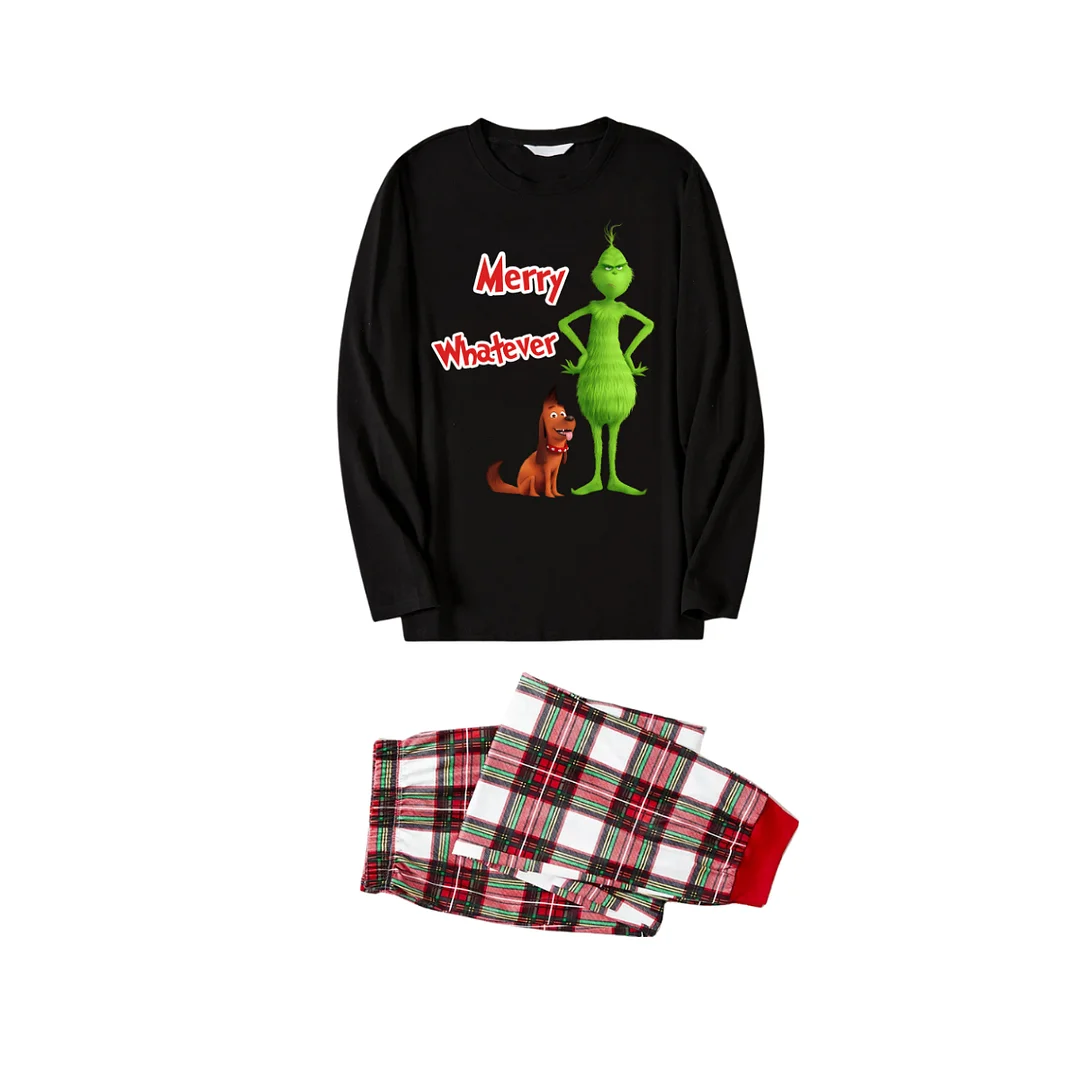 'Merry Whatever' Red Text With Green Cartoon Characters and Dog Pattern Black Top Red&White&Green Plaid Pants Family Matching Pajamas