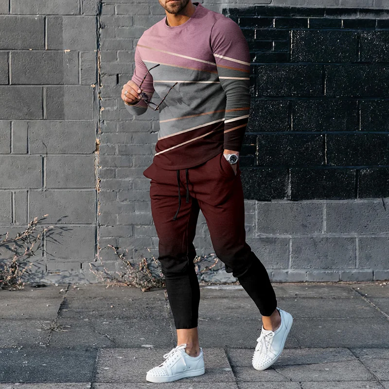 Men'S Stripe Gradient Long Sleeve T-Shirt And Pants Co-Ord
