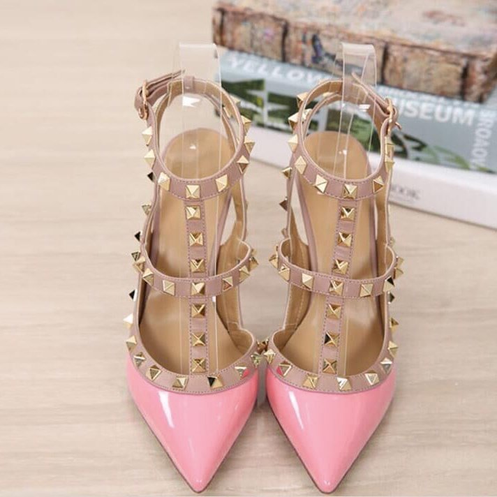 Pink T Strap Heels Patent Leather Rock Studs Slingback Pumps |FSJ Shoes
