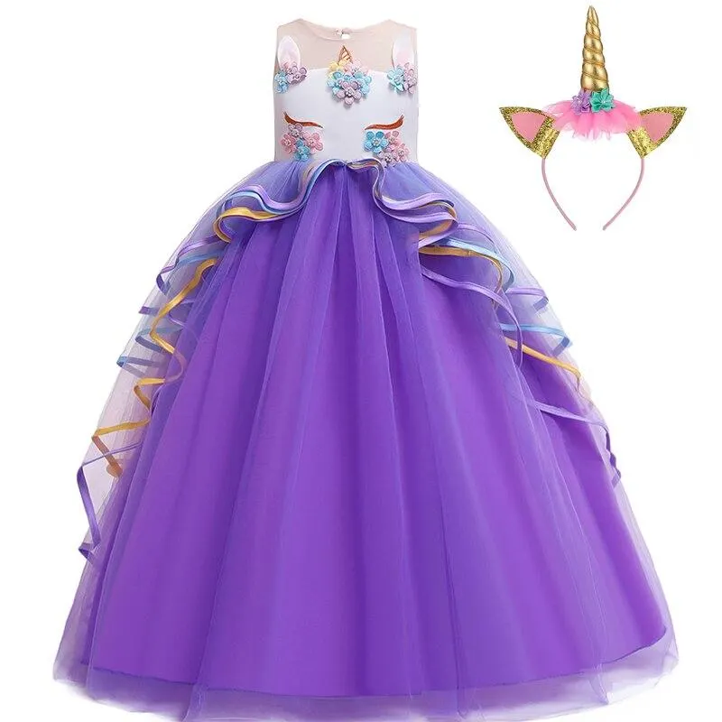 2021 Carnival Cosplay Costume Long Unicorn Dress Girl Kids Dresses For Girls Children Party Dress Birthday Dress Up 10 14 Years