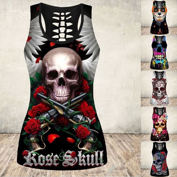 New Women's Skull Print Cut Out Back Tank Top Gothic Sleeveless Shirt Tops - BlackFridayBuys