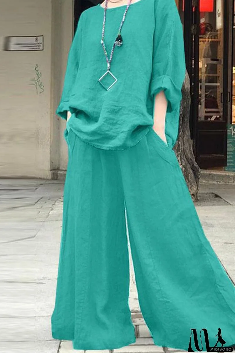 MidiSono - Casual Simplicity Solid Pocket O Neck Long Sleeve Two Pieces