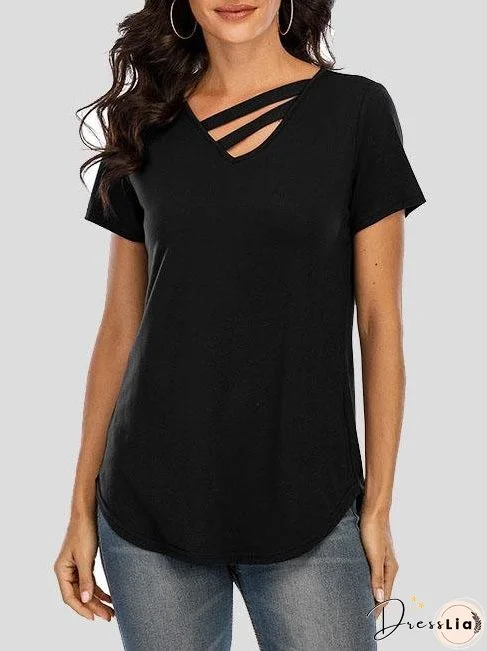 Solid Short Sleeve V-neck T-shirt for Women