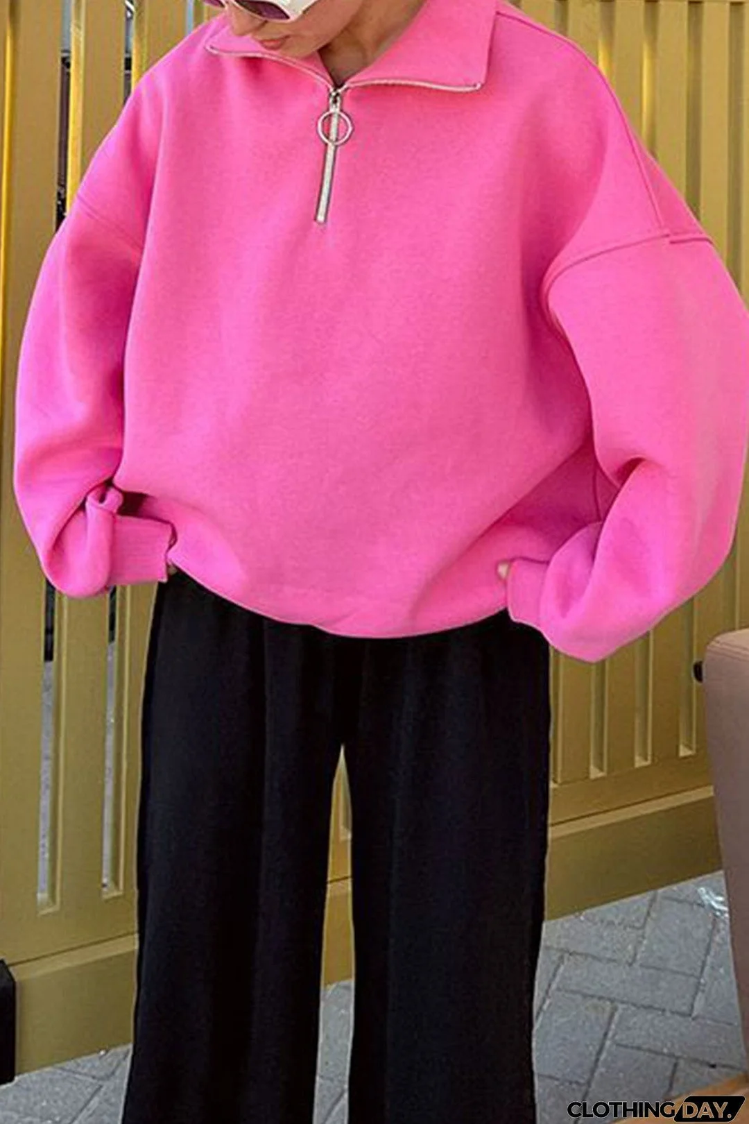 Lapel Solid Zipped Sweatshirt