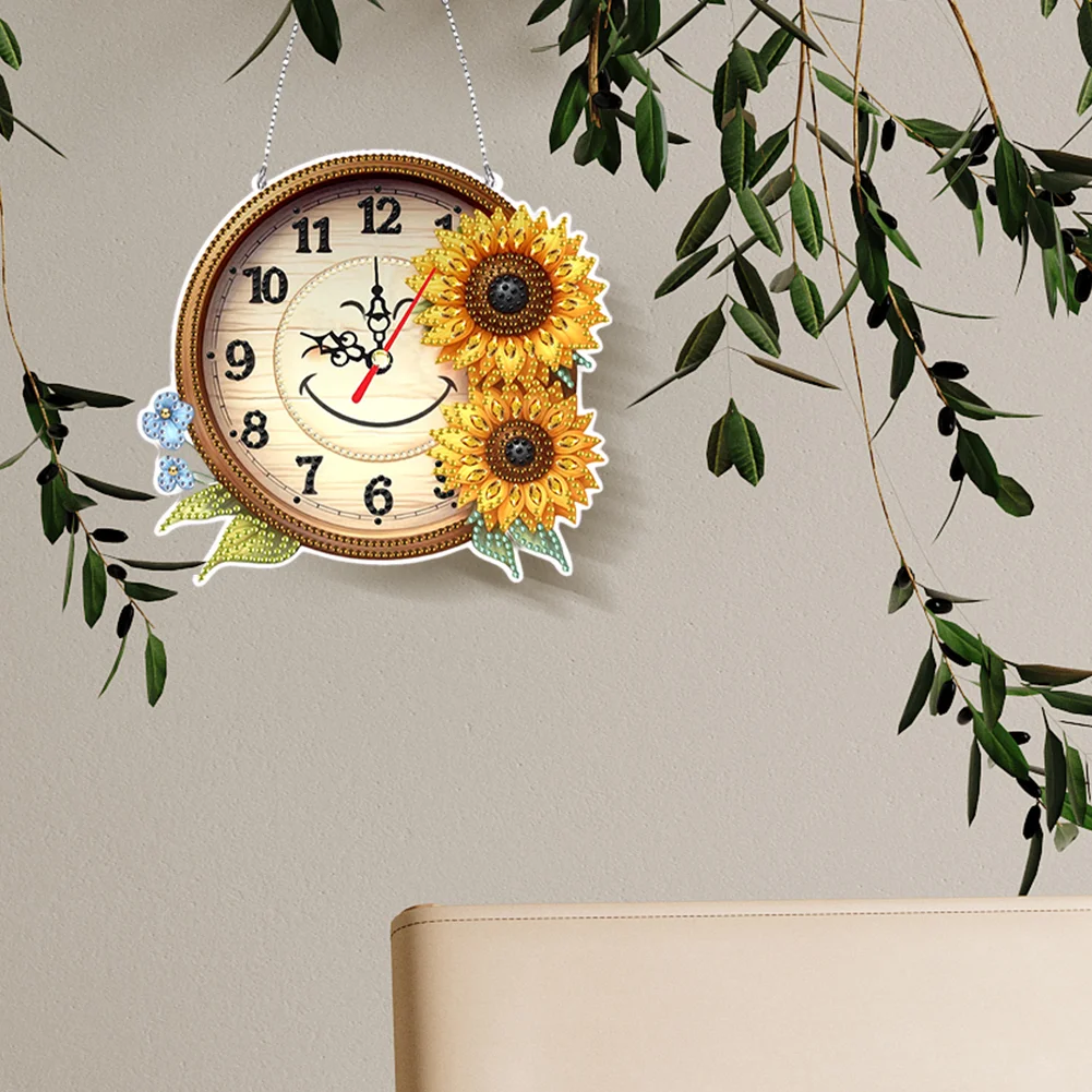 2Pcs Sunflower DIY Diamond Painting Ornament with Clock Function Home Decor Art
