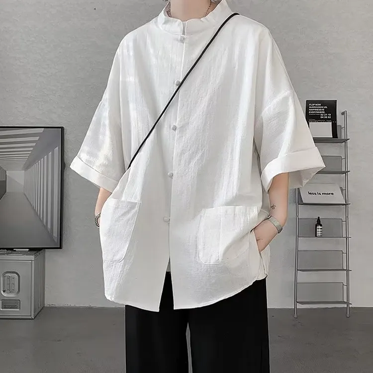 Tang Suit Chinese Style Shirt for Men Fashion Summer Short Sleeve Linen Shirts Men Stand Collar Tops Loose Chic Button Jacket