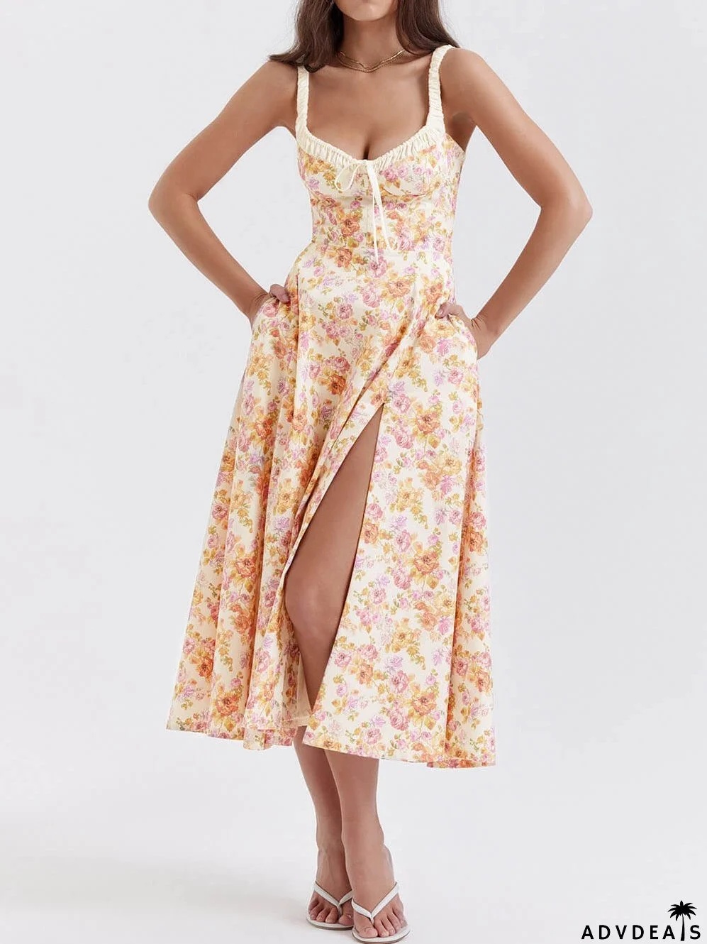 Suspender Patchwork Printed Charming Lace-Up Midi Dress
