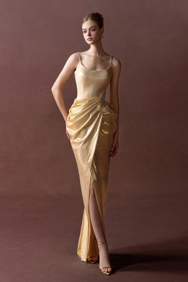 Ovlias Glamorous Gold Spaghetti Strap Square Prom Dress Pleated with Split JQ0046